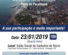 A Administração dos Portos de Paranaguá e Antonina (Appa) realiza no próximo dia 23, às 19h, a audiência pública para apresentação do projeto de ampliação do cais de acostagem do Porto de Paranaguá.  -  Paranaguá, 07/01/2019  - Foto: Divulgação APPA