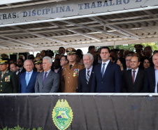 Governador Carlos Massa Ratinho Júnior participa da cerimônia de troca de comando da Polícia Militar do Paraná. O novo camandante-geral é o coronel Péricles de Matos. Ele substitui no cargo a coronel Audilene Dias Rocha.  -  Curitiba, 08/01/2019  -  Foto: José Fernando Ogura/ANPr