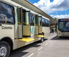 A Coordenação da Região Metropolitana de Curitiba (Comec) e a Viação Santo Ângelo, de Colombo, acabam de lançar um projeto-piloto para utilização de um novo modelo de ônibus multimodal, um veículo capaz de operar linhas comuns, aquelas com embarque convencional pelo lado direito dos ônibus, e ainda as linhas tipo Ligeirinho, com embarque em estações-tubo ou plataformas nos terminais. Colombo, 13/03/2019.
Foto: Maurilio Cheli/ANPr