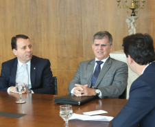 Governador Carlos Massa Ratinho Junior durante reunião com o secretário Nacional de Segurança Pública, general Guilherme Theóphilo e o secretário estadual da Segurança Pública e Administração Penitenciária, general Luiz Felipe Carbonell  -  Curitiba, 19/03/2019  -  Foto: Rodrigo Félix Leal/ANPr