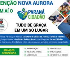 A emissão de documentos como carteira de identidade, CPF e carteira de trabalho será disponibilizada gratuitamente para a população de Nova Aurora, município do Oeste do Estado. A feira de serviços Paraná Cidadão oferece na quarta, quinta e sexta-feira (10, 11 e 12) diversos serviços gratuitos em um único local.  -  Foto/Arte: Divulgação SEJUF
