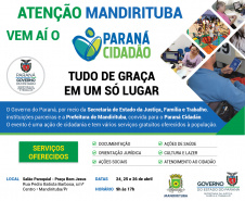 A quinta edição do Paraná Cidadão de 2019 acontece nesta semana em Mandirituba, município localizado na região Metropolitana de Curitiba  -  Curitiba, 22/04/2019  -  Foto/Arte: Divulgação SEJUF