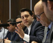 O governador Carlos Massa Ratinho Junior recebeu nesta segunda-feira (20), no Palácio Iguaçu, os prefeitos da região do extremo Noroeste do Paraná, municípios que integram o Consórcio Intermunicipal da APA Federal do Noroeste do Paraná (Comafen). Foto: Jaelson Lucas/ANPr