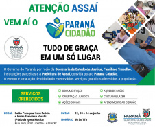 O Paraná Cidadão chega nesta semana ao município de Assaí, no Norte estado. A feira de serviços oferece nesta quarta, quinta e sexta-feira (12, 13 e 14), ações de cidadania, de defesa de direitos e inclusão social.  -  Curitiba, 11/06/2019  -  Foto: Divulgação SEJUF