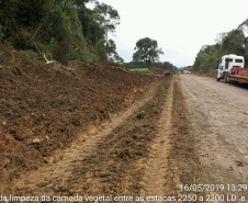 Obras na rodovia que liga Irati a São Mateus do Sul começaram em março e devem ser finalizadas até novembro de 2020. A primeira fase da obra está em andamento desde março, com os serviços de remoção da camada vegetal, drenagem, terraplanagem, construção de bueiros e galerias e implantação de pedreiras e usinas nas proximidades de Irati.  -  Irati, 25/06/2019  -  Foto: Divulgação DER