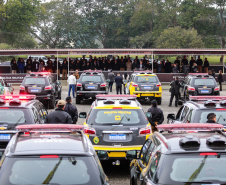 O governador Carlos Massa Ratinho Junior faz a entrega de viaturas para Polícia Civil e Polícia Militar nesta quarta-feira (10), na Acadêmia do Guatupê. Curitiba, 10/07/2019 -Foto: Geraldo Bubniak/ANPr