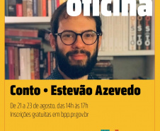A Biblioteca Pública do Paraná promove entre 21 e 23 de agosto uma oficina de contos com o escritor e editor potiguar Estevão Azevedo. As aulas acontecem das 14h às 17h, com inscrições gratuitas por meio do formulário disponível aqui. Para concorrer a uma das 15 vagas o interessado deve enviar uma narrativa de duas páginas até 14 de agosto. Foto: Divulgação/BPP