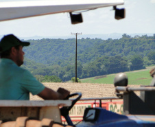 Máquinas cada vez mais altas cruzam os campos durante o plantio, a pulverização e a colheita da plantação. Mas a tecnologia que agiliza o trabalho no campo também exige uma atenção maior do produtor para um risco que nem sempre é lembrado: o toque acidental na fiação elétrica. Foto: Divulgação/Copel