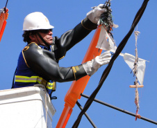 Eletricistas da Copel trabalham neste sábado (17) na retirada de objetos que podem causar desligamentos na rede elétrica, principalmente durante o período chuvoso. Esta será a primeira vez em que a ação preventiva é realizada em formato de mutirão simultâneo, em todas as regiões do Estado. A operação Rede Limpa prevê a participação de cerca de mil profissionais da companhia de energia, em 60 municípios paranaenses. Foto: Divulgação/Copel