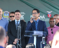 O governador Carlos Massa Ratinho Junior participa  nesta sexta-feira (30)  do projeto Em Frente Brasil - Programa Nacional de Enfrentamento à Criminalidade Violenta, criado pelo Ministério da Justiça e Segurança Pública no Parque São José em São José dos Pinhais.  Em discurso o  Secretario de Segurança Pública do Paraná, coronel Romulo Marinho. 30/08/2019 -Foto: Geraldo Bubniak/AEN