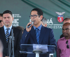 O governador Carlos Massa Ratinho Junior participa  nesta sexta-feira (30)  do projeto Em Frente Brasil - Programa Nacional de Enfrentamento à Criminalidade Violenta, criado pelo Ministério da Justiça e Segurança Pública no Parque São José em São José dos Pinhais.  Em discurso o  Secretario de Segurança Pública do Paraná, coronel Romulo Marinho. 30/08/2019 -Foto: Geraldo Bubniak/AEN