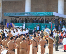Solenidade de abertura das comemorações da Semana da Pátria 2019. O evento ocorreu no estacionamento do Palácio Iguaçu, em Curitiba, com a participação do governador Carlos Massa Ratinho Junior e comandantes das Forças Armadas, da Polícia Militar do Paraná e da Liga de Defesa Nacional.Foto:  Valdelino Pontes