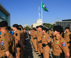 Solenidade de abertura das comemorações da Semana da Pátria 2019. O evento ocorreu no estacionamento do Palácio Iguaçu, em Curitiba, com a participação do governador Carlos Massa Ratinho Junior e comandantes das Forças Armadas, da Polícia Militar do Paraná e da Liga de Defesa Nacional.Foto:  Valdelino Pontes