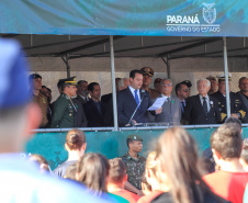 Solenidade de abertura das comemorações da Semana da Pátria 2019. O evento ocorreu no estacionamento do Palácio Iguaçu, em Curitiba, com a participação do governador Carlos Massa Ratinho Junior e comandantes das Forças Armadas, da Polícia Militar do Paraná e da Liga de Defesa Nacional.Foto:  Valdelino Pontes