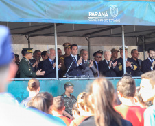 Solenidade de abertura das comemorações da Semana da Pátria 2019. O evento ocorreu no estacionamento do Palácio Iguaçu, em Curitiba, com a participação do governador Carlos Massa Ratinho Junior e comandantes das Forças Armadas, da Polícia Militar do Paraná e da Liga de Defesa Nacional.Foto:  Valdelino Pontes