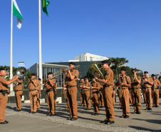 Solenidade de abertura das comemorações da Semana da Pátria 2019. O evento ocorreu no estacionamento do Palácio Iguaçu, em Curitiba, com a participação do governador Carlos Massa Ratinho Junior e comandantes das Forças Armadas, da Polícia Militar do Paraná e da Liga de Defesa Nacional.Foto:  Valdelino Pontes
