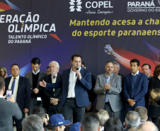 O governador Carlos Massa Ratinho Junior anunciou nesta segunda-feira (02), no Palácio Iguaçu, a nova fase do programa de apoio à formação de atletas olímpicos. Patrocinado pela Copel, o ?Geração Olímpica? é o maior programa de bolsa-atleta do País. Curitiba,02/09/2019 Foto:Jaelson Lucas / AEN