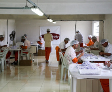 No Paraná, 7.002 presos custodiados pelo Departamento Penitenciário Estadual (Depen) trabalham em projetos para a remição de pena, em todas as unidades penais do Estado, o que representa 30% da população carcerária do Paraná. Segundo colocado no ranking nacional, os detentos trabalham em 11 fábricas de uniformes, sete de pavers (bloquetos de pavimentação de calçadas), uma de bolas, uma de fraldas, uma indústria gráfica e uma de tijolos ecológicos.-Foto: Gilson Abreu/AEN