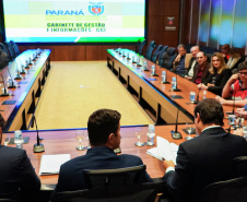 Prefeitos, empresários e deputados que representam municípios das regiões Sudoeste e Oeste participaram nesta segunda-feira (23) de reunião com o chefe da Casa Civil, Guto Silva, e o secretário de Infraestrutura e Logística, Sandro Alex, para tratar da reativação do aeroporto de Cruzeiro do Iguaçu. Foto: Divulgação/Casa Civil