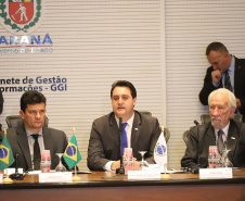 O governador Carlos Massa Ratinho Junior e o ministro da Justiça Sergio Moro, participaram da Encontro do Conselho Nacional de Secretários de Estado da Justiça, Cidadania, Direitos Humanos e Administração Penitenciária. Participaram: os secretários: de Segurança Pública, cel. Romulo Marinho Soares; entre outros.Curitiba, 04-10-19.Foto: Arnaldo Alves / AEN.