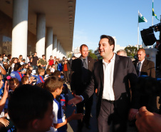 O governador Carlos Massa Ratinho Junior lança nesta quarta-feira (09) o projeto Cinema na Praça, que beneficiará cidades com até dez mil habitantes que não têm cinemas de rua ou em centros comerciais, no Palácio Iguaçu, em Curitiba.  09/10/2019 