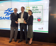 A Sanepar recebeu, na manhã desta quinta-feira (7), o Selo Clima Paraná Ouro 2019, em cerimônia da 5ª edição do prêmio, na Federação das Indústrias do Paraná, em Curitiba. Foto: Sanepar
