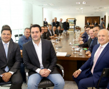 O governador Carlos Massa Ratinho Junior conheceu nesta segunda-feira (09) o projeto de construção do Aeroporto Regional do Sudoeste. Prefeitos, empresários e representantes da região apresentaram, em reunião no Palácio Iguaçu, detalhes do terminal que seria erguido em Renascença.Foto:Jaelson Lucas / AEN