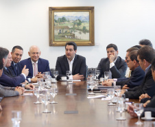 O governador Carlos Massa Ratinho Junior conheceu nesta segunda-feira (09) o projeto de construção do Aeroporto Regional do Sudoeste. Prefeitos, empresários e representantes da região apresentaram, em reunião no Palácio Iguaçu, detalhes do terminal que seria erguido em Renascença.Foto:Jaelson Lucas / AEN