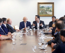 O governador Carlos Massa Ratinho Junior conheceu nesta segunda-feira (09) o projeto de construção do Aeroporto Regional do Sudoeste. Prefeitos, empresários e representantes da região apresentaram, em reunião no Palácio Iguaçu, detalhes do terminal que seria erguido em Renascença.Foto:Jaelson Lucas / AEN