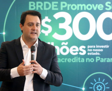 Projetos prioritários para o desenvolvimento do Estado contarão com recursos de R$ 300 milhões do Banco Regional de Desenvolvimento Econômico do Extremo Sul (BRDE). O governador Carlos Massa Ratinho Junior e o diretor de Operações da agência paranaense do BRDE, Wilson Bley Lipski, lançaram nesta terça-feira (17) o Promove Sul, um fundo rotativo permanente para o apoio de projetos em diversas áreas.