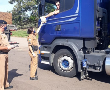 Servidores da Agência de Defesa Agropecuária do Paraná (Adapar) que atuam no Posto de Fiscalização do Trânsito Agropecuário de Santo Inácio, no Norte do Estado, começaram no sábado (28) uma mobilização para doar cestas básicas e lanches aos caminhoneiros. Foto: Adapar