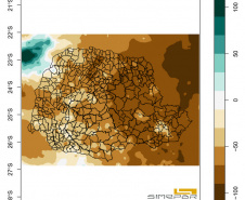 Anomalia mensal de precipitação no Paraná em abril de 2020, indicando a diferença entre as chuvas esperadas (média histórica) e ocorridas em cada região
Fonte: Simepar
