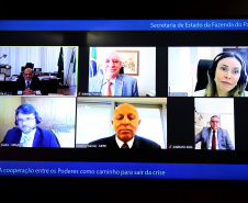  Live promovida pela Secretaria de Estado da Fazenda nesta terça-feira (14), com a participação do presidente do Tribunal de Justiça do Paraná, desembargador Adalberto Jorge Xisto Pereira; do procurador-geral do Ministério Público do Paraná, Gilberto Giacoia; do presidente da Assembleia Legislativa, Ademar Traiano; da procuradora-geral do Estado, Leticia Ferreira da Silva, e do Secretário da Fazenda, Renê Garcia Junior..Foto: Ari Dias/AEN