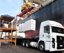 O Porto de Paranaguá faz nesta semana uma operação diferente. O navio Penguin Arrow, atracado no berço 215, opera, simultaneamente, dois tipos de cargas diferentes. Ao mesmo tempo que descarrega malte, é embarcada 45.758 toneladas de celulose – a segunda maior quantidade do produto movimentada no porto paranaense.