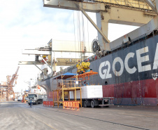 O Porto de Paranaguá faz nesta semana uma operação diferente. O navio Penguin Arrow, atracado no berço 215, opera, simultaneamente, dois tipos de cargas diferentes. Ao mesmo tempo que descarrega malte, é embarcada 45.758 toneladas de celulose – a segunda maior quantidade do produto movimentada no porto paranaense.