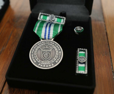 O governador em exercicio Darci Piana entrega nesta quarta-feira (11) a Medalha do Merito da Casa Militar ao lado do  Chefe da Casa Militar Tenente-Coronel Welby Pereira Sales para o Secretário da Segurança Pública do Paraná, coronel Romulo Marinho Soares, Presidente do Tribunal de Justiça, desembargador Adalberto Jorge Xisto Pereira e para o comandante da 5ª Divisão do Exército Brasileiro, general Carlos José Russo Assumpção Penteado.   Curitiba, 27/08/2020 -  Foto: Geraldo Bubniak/AEN