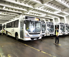 O maior embarque de ônibus da história do Porto de Paranaguá acontece nesta sexta-feira (13). Em um único lote, o navio Maestro Universe volta carrega 155 unidades. Os veículos de transporte coletivo serão levados para os portos de Boma, no Congo, e Luanda, em Angola. A previsão é que zarpe para a África no início da tarde. A viagem deve durar entre dez e 13 dias até os destinos. Foto: Claudio Neves