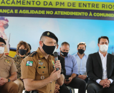 Um investimento do Governo do Estado vai reforçar a segurança do distrito de Entre Rios, área rural de Guarapuava, na região Central do Paraná. Nesta segunda-feira (11), o governador Carlos Massa Ratinho Junior esteve na localidade para a inauguração da nova sede Destacamento da Polícia Militar instalada no distrito.  Entre Rios, Guarapuava, 11/01/2021  -  Foto: Geraldo Bubniak/AEN