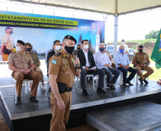 Um investimento do Governo do Estado vai reforçar a segurança do distrito de Entre Rios, área rural de Guarapuava, na região Central do Paraná. Nesta segunda-feira (11), o governador Carlos Massa Ratinho Junior esteve na localidade para a inauguração da nova sede Destacamento da Polícia Militar instalada no distrito.  Entre Rios, Guarapuava, 11/01/2021  -  Foto: Geraldo Bubniak/AEN