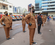 O governador Carlos Massa Ratinho Junior participou nesta sexta-feira (29) da troca do comando-geral do Corpo de Bombeiros do Paraná. Depois de dois anos como comandante, o coronel Samuel Prestes dá lugar ao coronel Gerson Gross, que até então respondia pelo comando da Academia Policial Militar do Guatupê.  -  Curitiba, 29/01/2021  -  Foto: Valdelino Alves Pontes