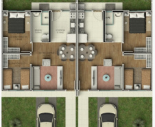 Unidades fazem parte da primeira etapa do Residencial Parque dos Tropeiros, que contará com 444 moradias ao todo. Seleção será feita com pessoas inscritas no cadastro da companhia, com renda familiar mensal a partir de R$ 1.700, que poderão financiar imóveis com descontos de até R$ 19 mil. (Imagem: COBEC Construtora)