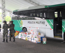 O Batalhão de Polícia Ambiental-Força Verde (BPAmb-FV) arrecadou 5.585 toneladas de alimentos, 1.647 toneladas de ração e 221 litros de álcool em todo o estado durante dois dias de campanha solidária em comemoração aos 64 anos de atuação no Paraná.  -  Curitiba, 20/04/2021 -  Foto: Divulgação BPAmb-FV