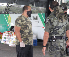 O Batalhão de Polícia Ambiental-Força Verde (BPAmb-FV) arrecadou 5.585 toneladas de alimentos, 1.647 toneladas de ração e 221 litros de álcool em todo o estado durante dois dias de campanha solidária em comemoração aos 64 anos de atuação no Paraná.  -  Curitiba, 20/04/2021 -  Foto: Divulgação BPAmb-FV