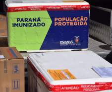 O Governo do Estado começou a distribuir sexta-feira (23) para as 22 Regionais de Saúde do Paraná mais 205.130 doses da vacina contra a Covid-19. Os imunizantes integram o 14º lote encaminhado pelo Ministério da Saúde na quinta-feira (22), composto por 166.000 doses da Covishield, produzida pela Universidade de Oxford/AstraZeneca/Fiocruz, e 39.130 doses da CoronaVac, desenvolvida pelo Instituto Butantan/Sinovac. - Curitiba, 23/04/2021  -   Foto: Américo Antonio/SESA