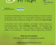 A Ceasa Paraná em conjunto com o Sindicato dos Permissionários da Ceasa Curitiba - Sindaruc, iniciou no começo desta semana uma campanha entre os atacadistas e produtores que atuam no mercado para arrecadação de cestas básicas, e produtos hortigranjeiros. A ação faz parte do projeto Ceasa Amiga, lançada nacionalmente pela Associação Brasileira das Centrais de Abastecimento - Abracen.  -  Curitiba, 28/04/2021  -  Foto: CEASA