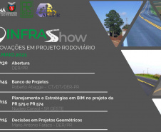 O Departamento de Estradas de Rodagem do Paraná (DER/PR) realiza na quarta-feira que vem (12) uma nova edição do Infrashow, uma série de palestras transmitidas pela internet sobre temas ligados à infraestrutura rodoviária.  -  Foto/Arte: DER