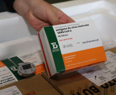 O Paraná recebeu neste sábado (08) mais 57.800 doses da vacina contra a Covid-19. O imunizante é o CoronaVac, produzido em parceria pela farmacêutica chinesa Sinovac e o Instituto Butantan, de São Paulo.  Foto:Ari Dias/AEN
