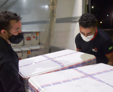 Chegaram ao Paraná, na noite desta segunda-feira (18), 374.100 novas doses do imunizante Covishield, produzido na parceria entre Universidade de Oxford, AstraZeneca e Fundação Oswaldo Cruz (Fiocruz).  -  Curitiba, 17/05/2021  -  Foto: Américo Antonio/SESA