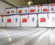 Chegaram ao Paraná, na noite desta segunda-feira (18), 374.100 novas doses do imunizante Covishield, produzido na parceria entre Universidade de Oxford, AstraZeneca e Fundação Oswaldo Cruz (Fiocruz).  -  Curitiba, 17/05/2021  -  Foto: Américo Antonio/SESA