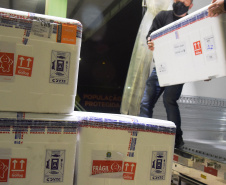 Chegaram ao Paraná, na noite desta segunda-feira (18), 374.100 novas doses do imunizante Covishield, produzido na parceria entre Universidade de Oxford, AstraZeneca e Fundação Oswaldo Cruz (Fiocruz).  -  Curitiba, 17/05/2021  -  Foto: Américo Antonio/SESA